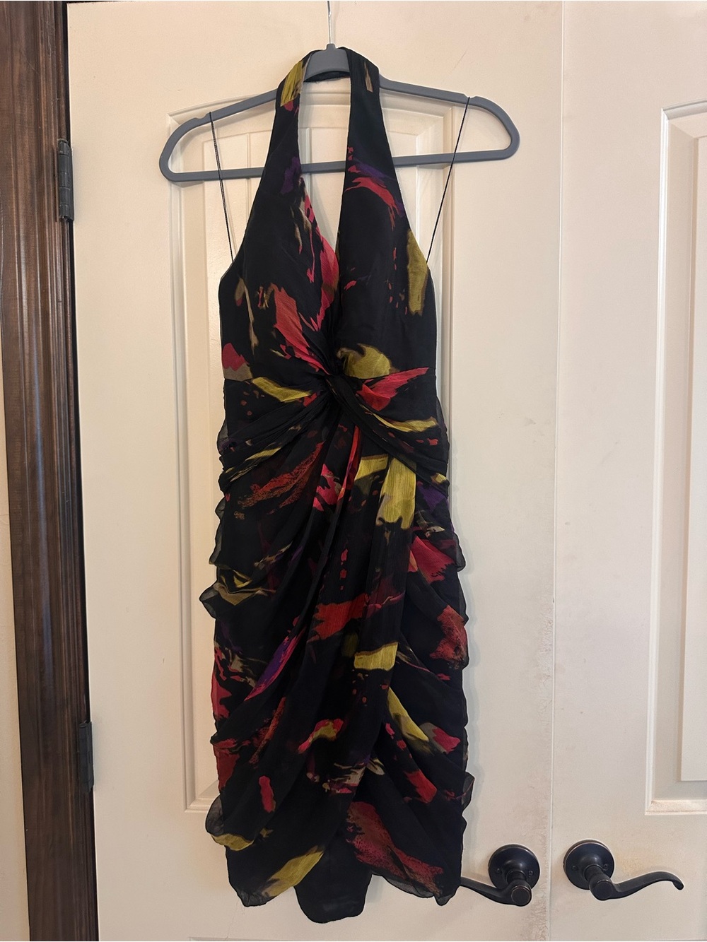 Aidan Mattox Black Halter Dress with Red, Yellow & Purple Brushprint